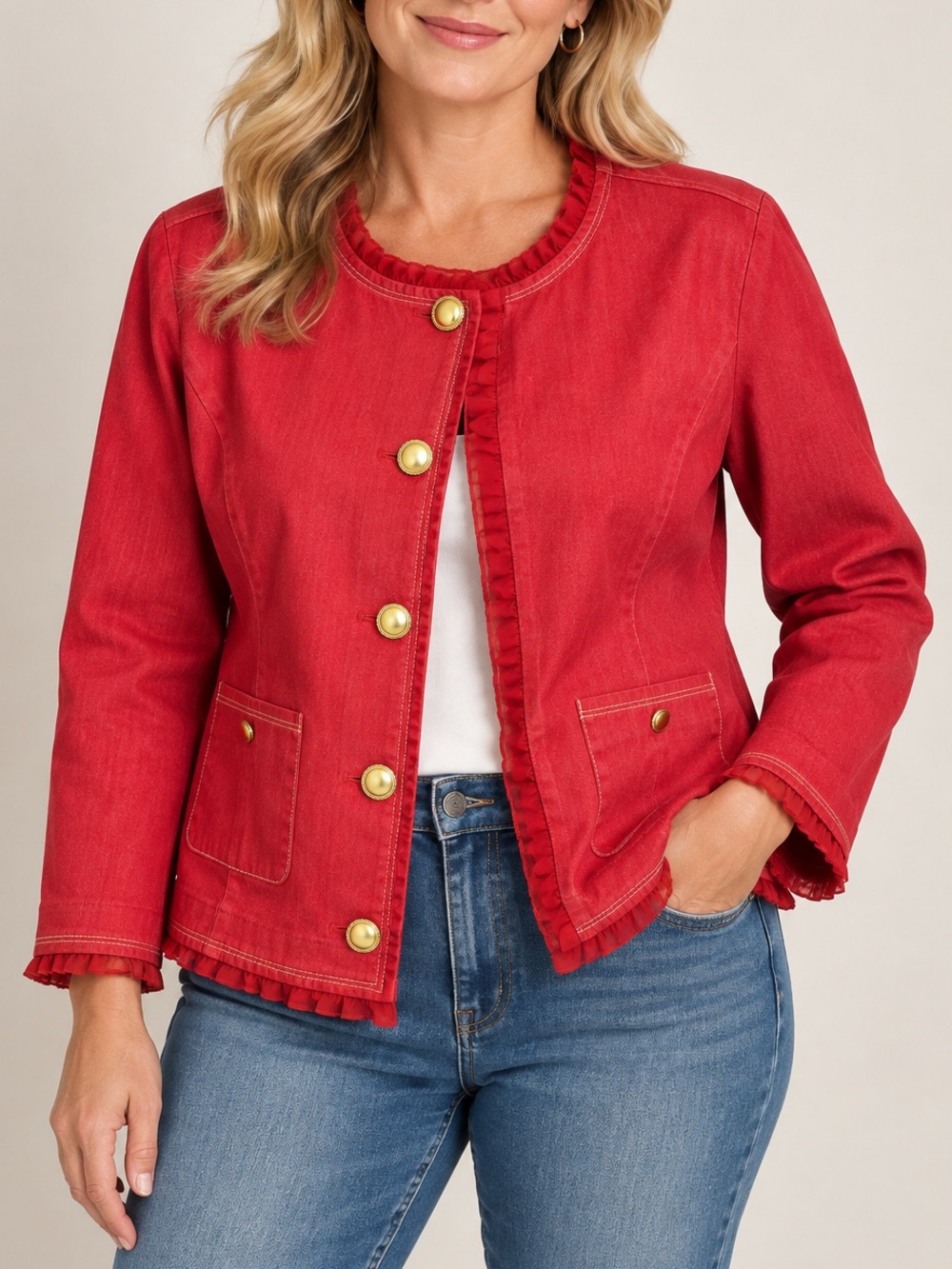 Joan Rivers Red Ruffle Trim Gold Button Cotton Stretch Jacket Blazer Size 12